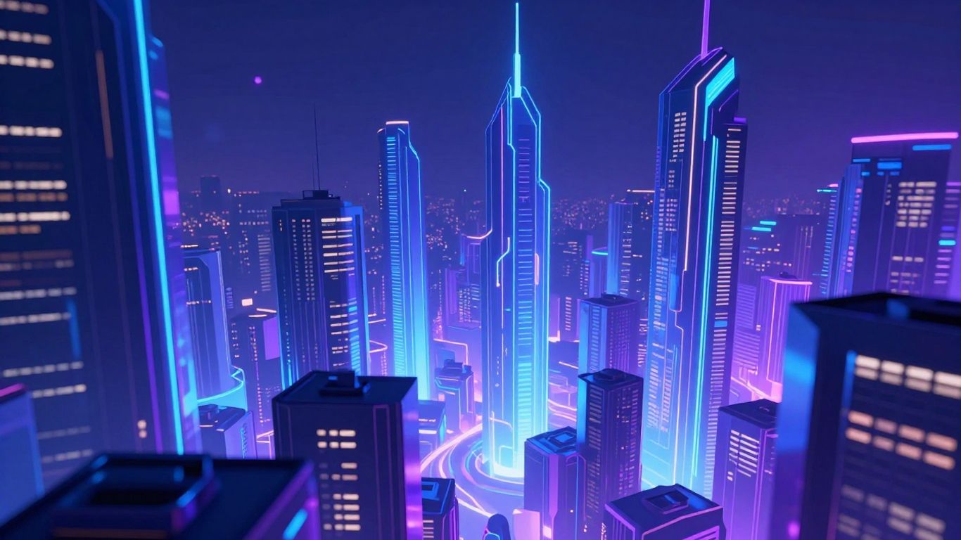 Futuristic cityscape with abstract geometric shapes.