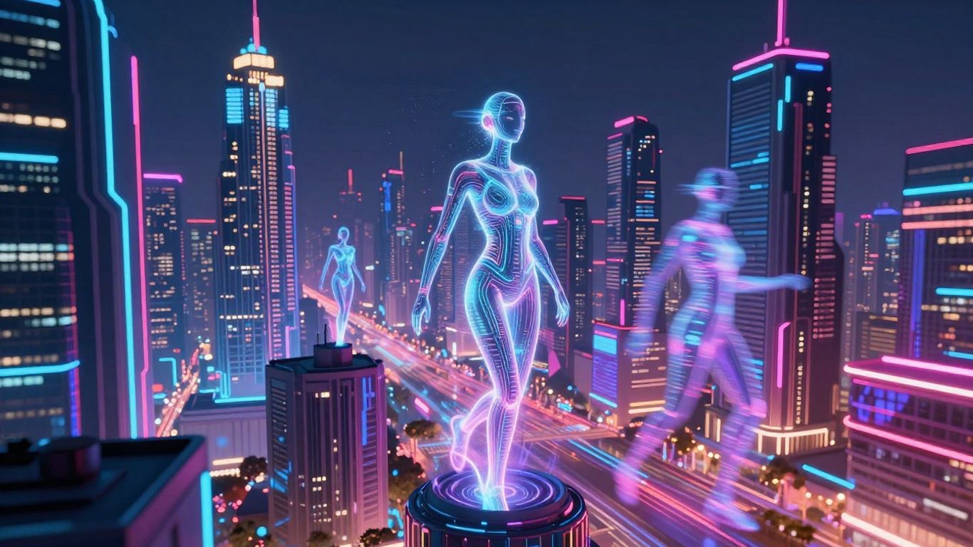 Futuristic cityscape with AI figures