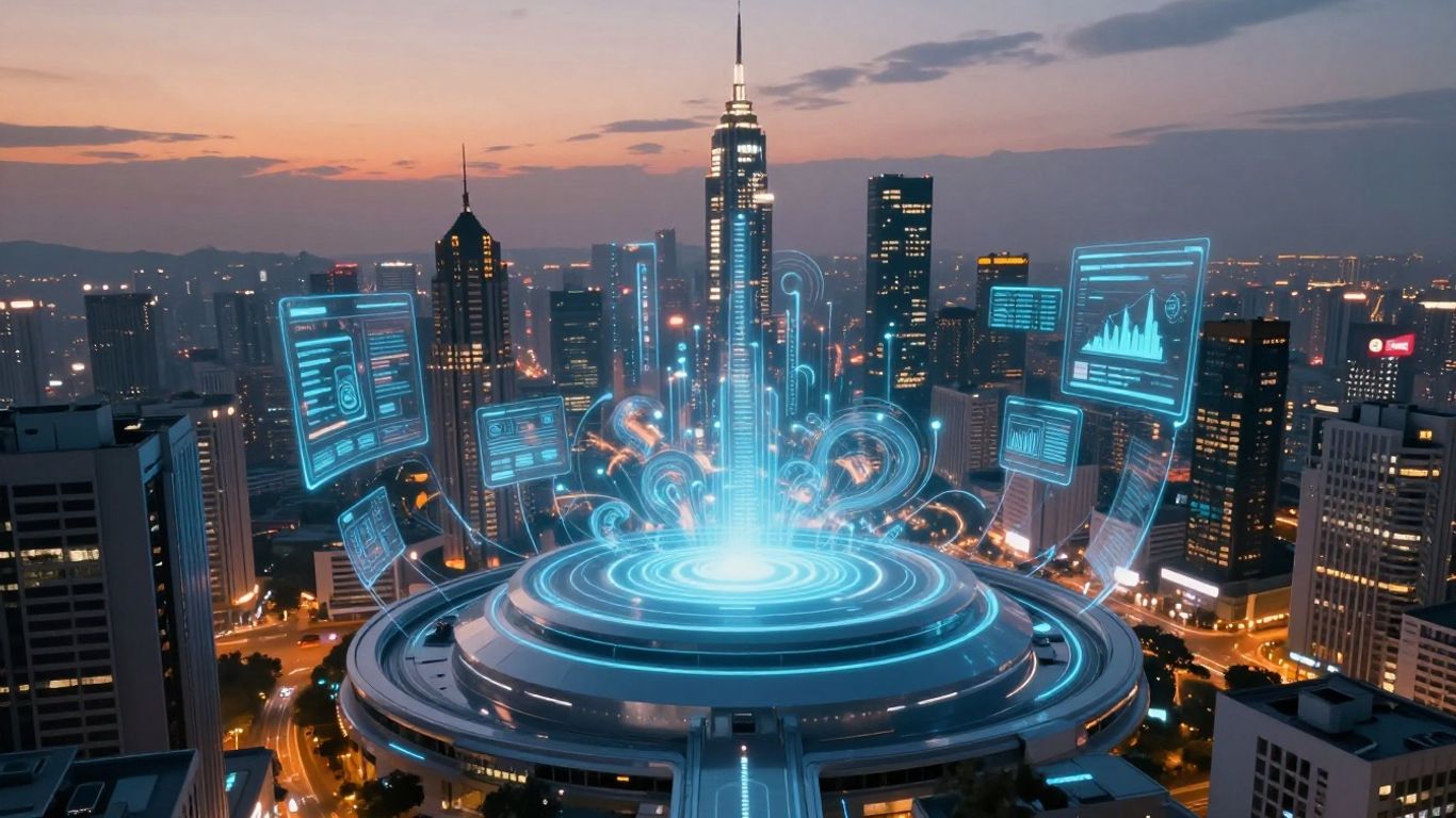 Futuristic AI customer service interface with glowing digital elements.