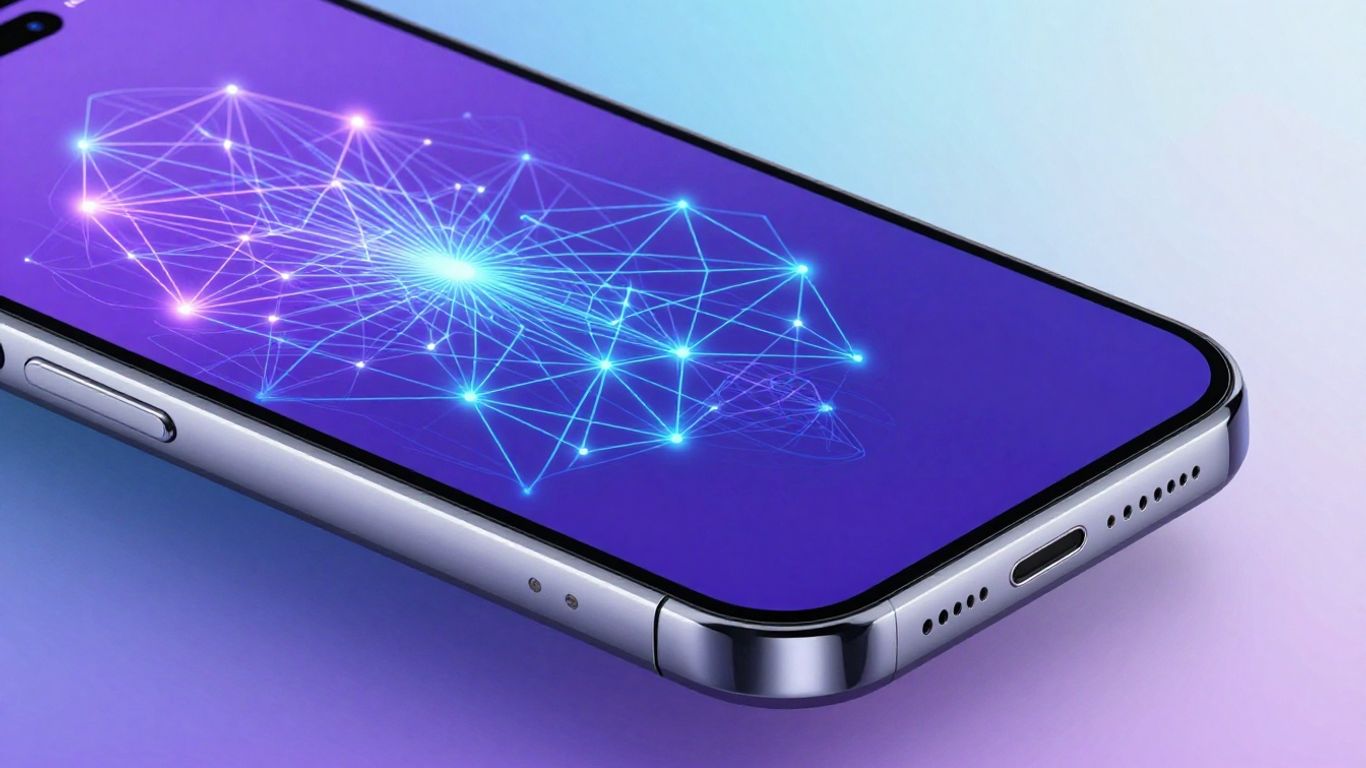 Smartphone displaying AI neural network patterns.