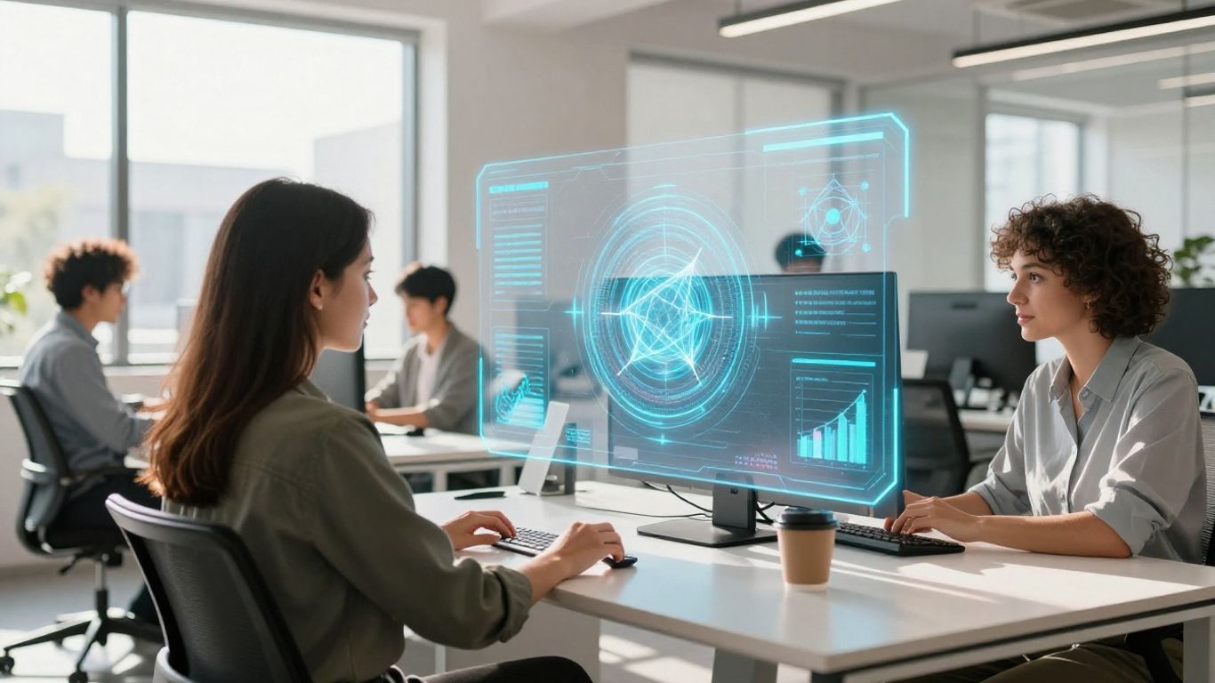 AI transforming small business operations with holographic interfaces.