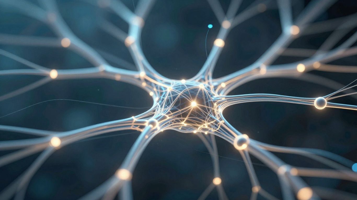 Neural network with glowing nodes and light trails.