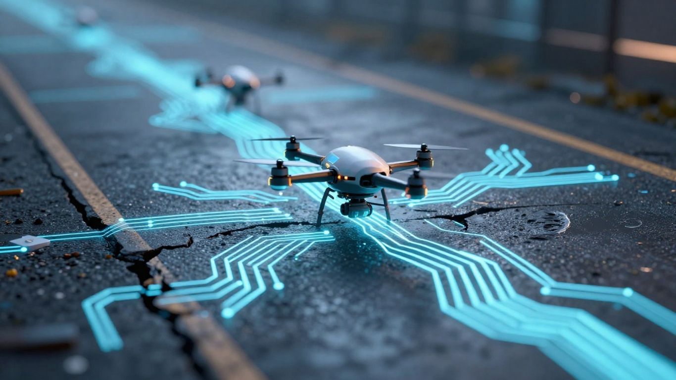 Futuristic self-fixing road with embedded circuitry and drones.