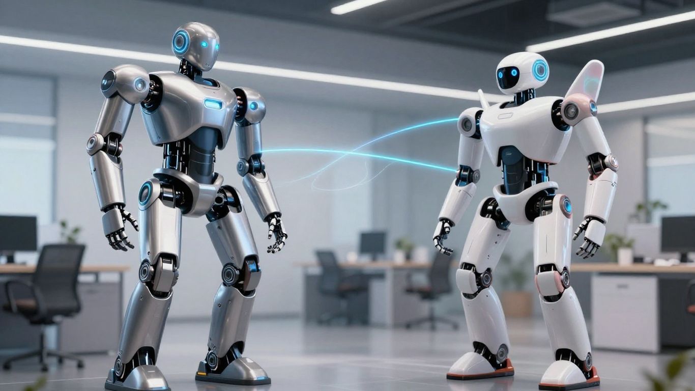 AI robots comparing performance in a business setting.