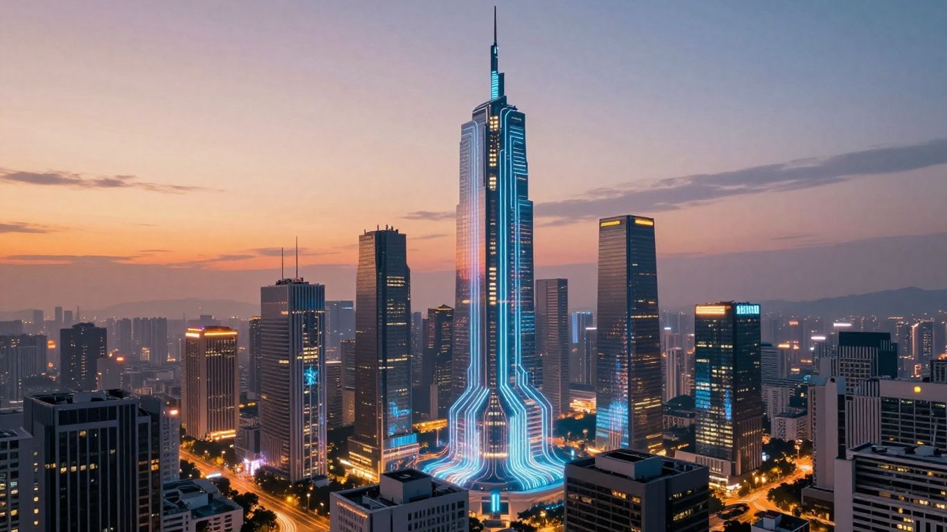 Futuristic cityscape with AI elements and glowing digital streams.
